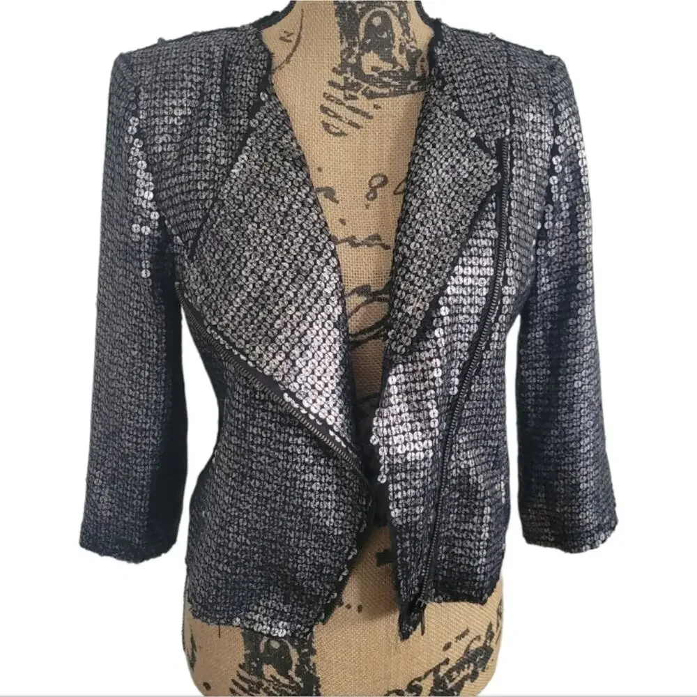 XS NWOT Express moto jacket, black & silver sequins, asymetrical zip